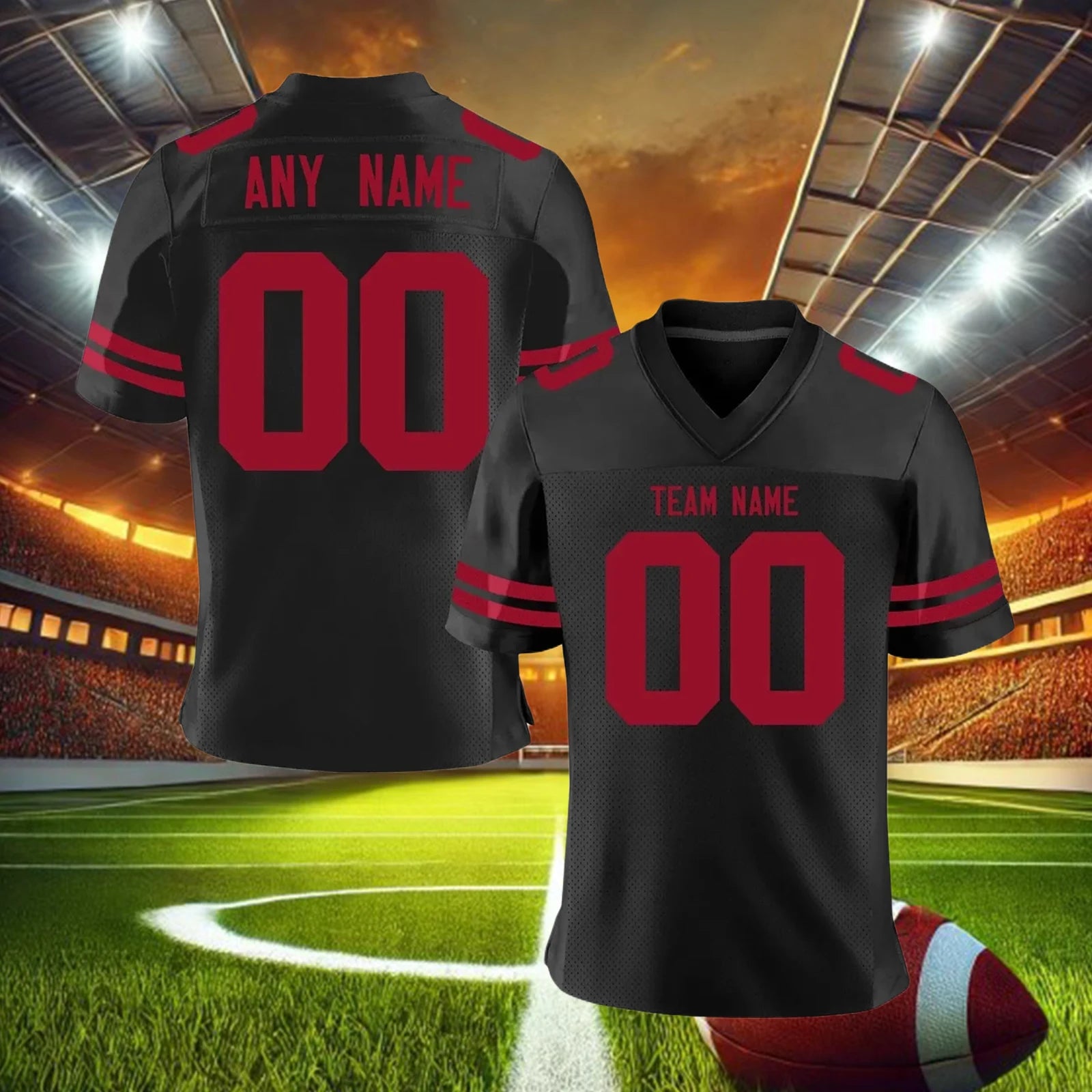 Custom American Football Jersey, Black Red Football Shirt, Personalized Printed Team Name Number, Men Women Youth Kids Jerseys