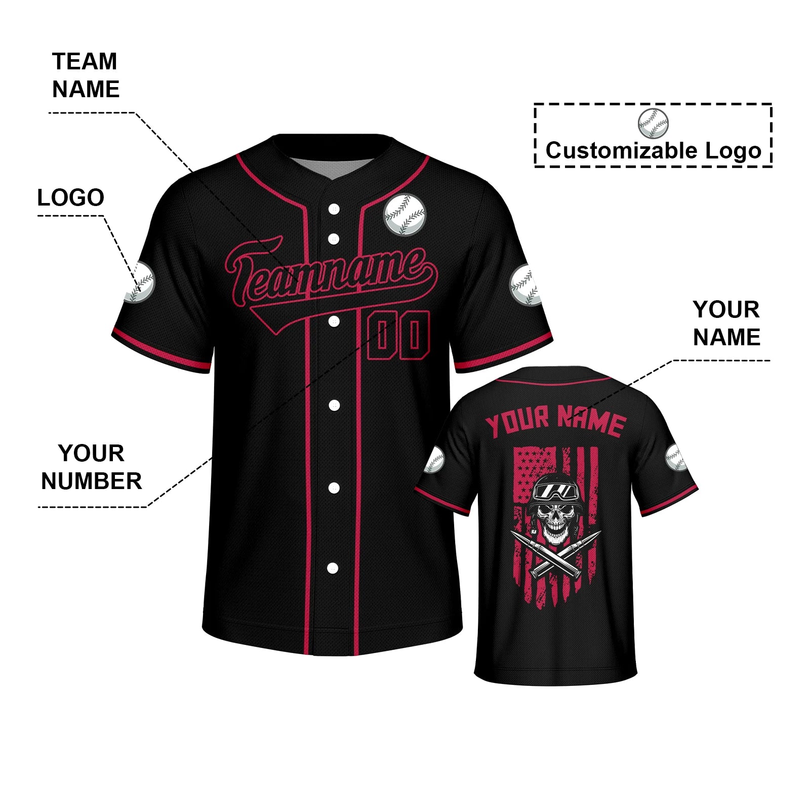 Custom Black Baseball Jersey with Skull Personalized Name Number Shirt Men Women Youth Kids Party Halloween Streetwear