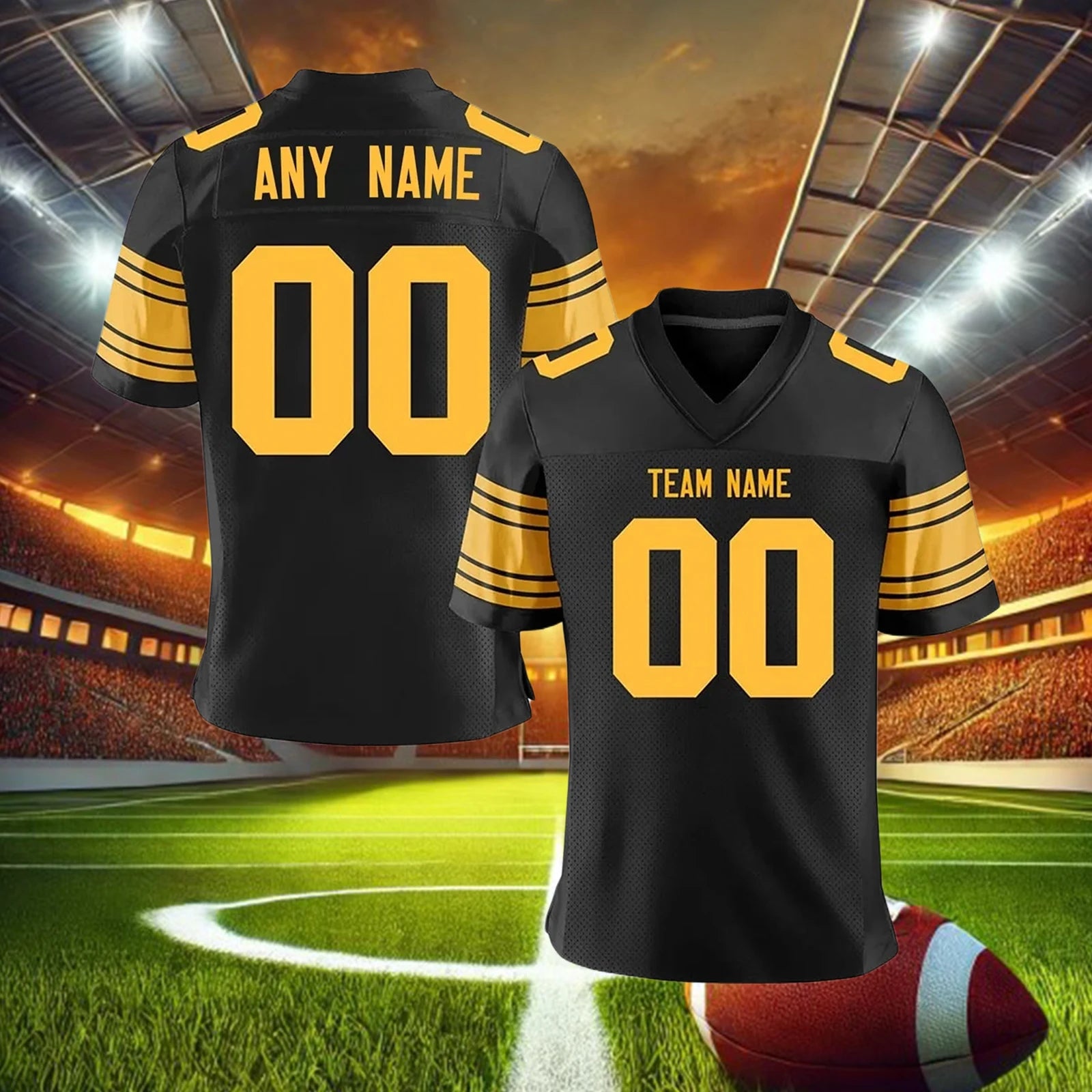 Personalized American Football Jersey Gold Short Sleeves, Printed Team Name Number Football Top, Men Women Youth Kids Fans Gift