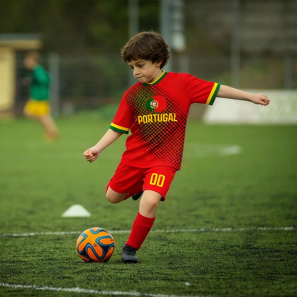 Kids Portugal Soccer Jersey Customizable Name Number Football Kit Team Club Uniforms Boys Girls Children Soccer Gifts 3-14Y