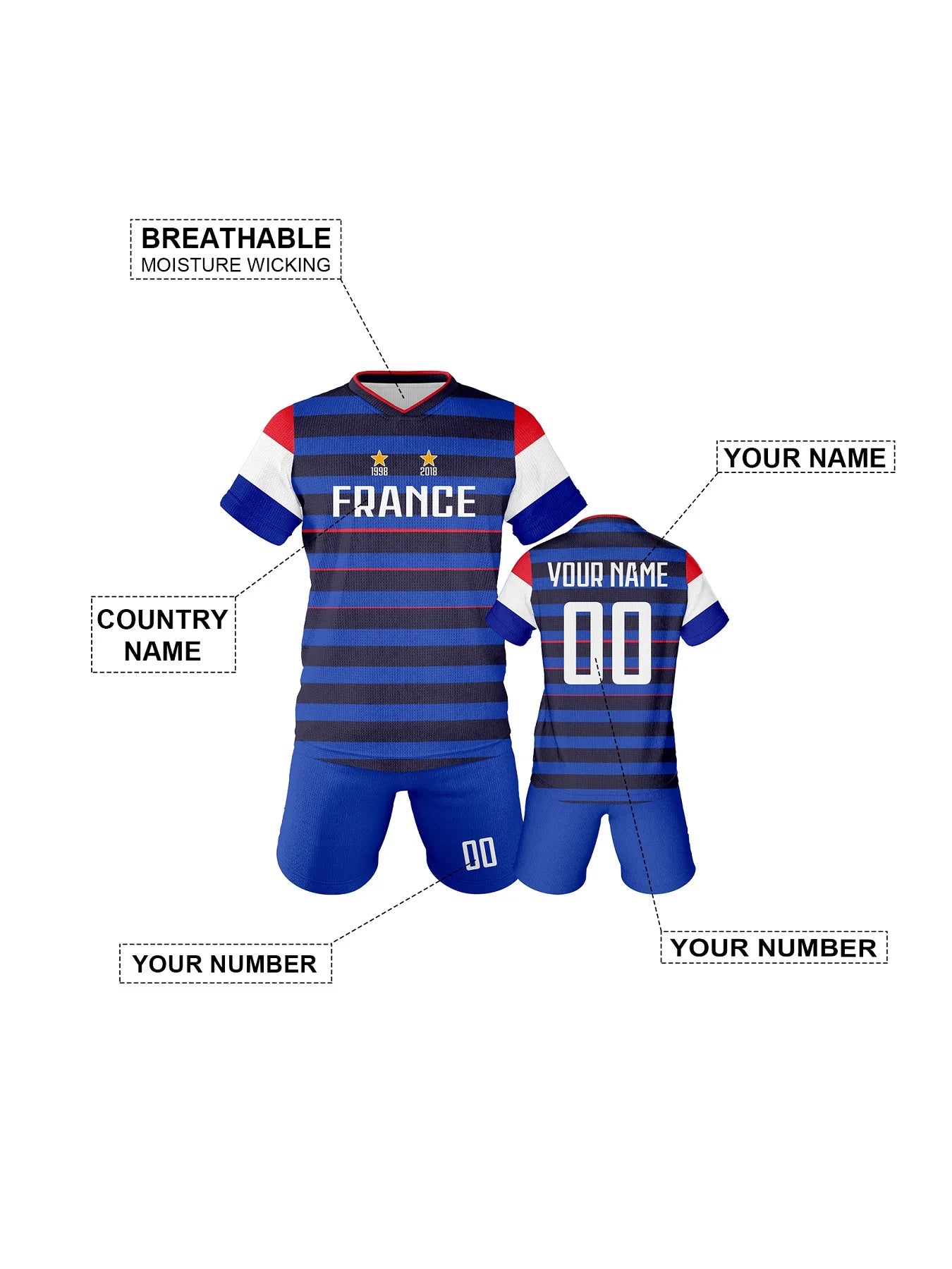 Personalized Soccer Jersey Shorts France Kids Football Shirts with Name Number Team Training Outfit Breathable Youth Soccer Kit