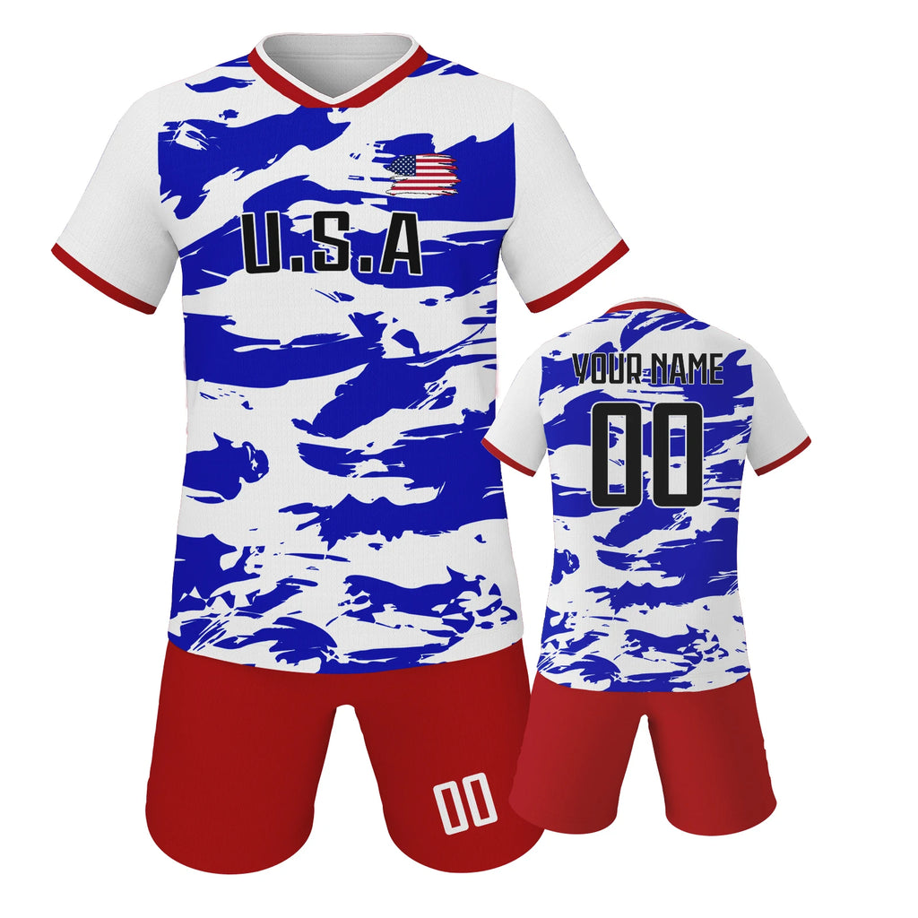 USA Kids Football Set Custom Soccer Jersey Shorts Personalized Name Number Team Training Uniform for Boys Girls Youth Fans