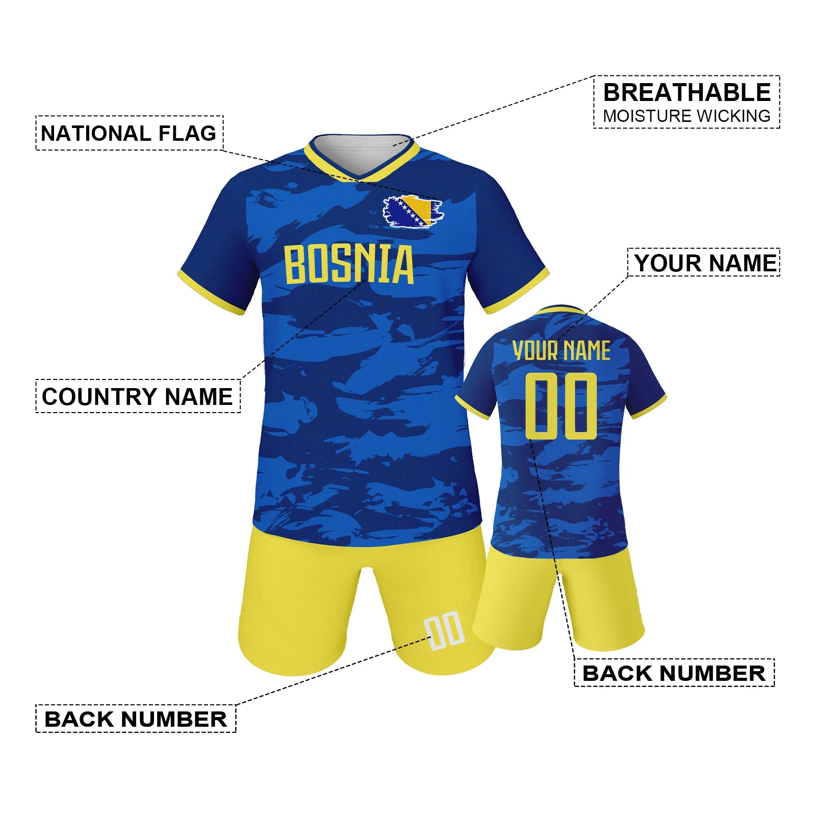 Custom Kids Soccer Jersey Bosnia Football Uniform Personalized Name Number Youth Team Training Kit for Boys Girls 3-14Y