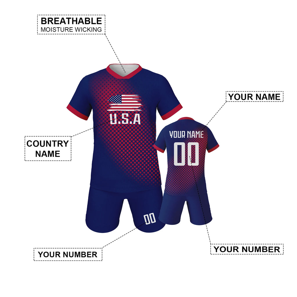 USA Kids Football Set Custom Soccer Jersey Shorts Personalized Name Number Team Training Uniform for Boys Girls Youth Fans