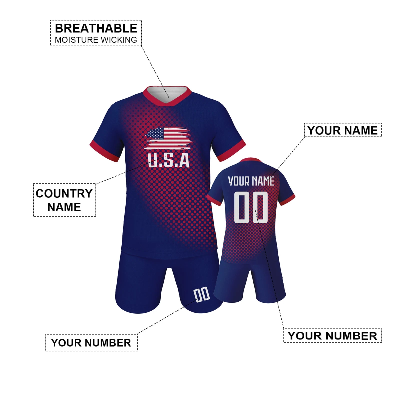 USA Kids Football Set Custom Soccer Jersey Shorts Personalized Name Number Team Training Uniform for Boys Girls Youth Fans