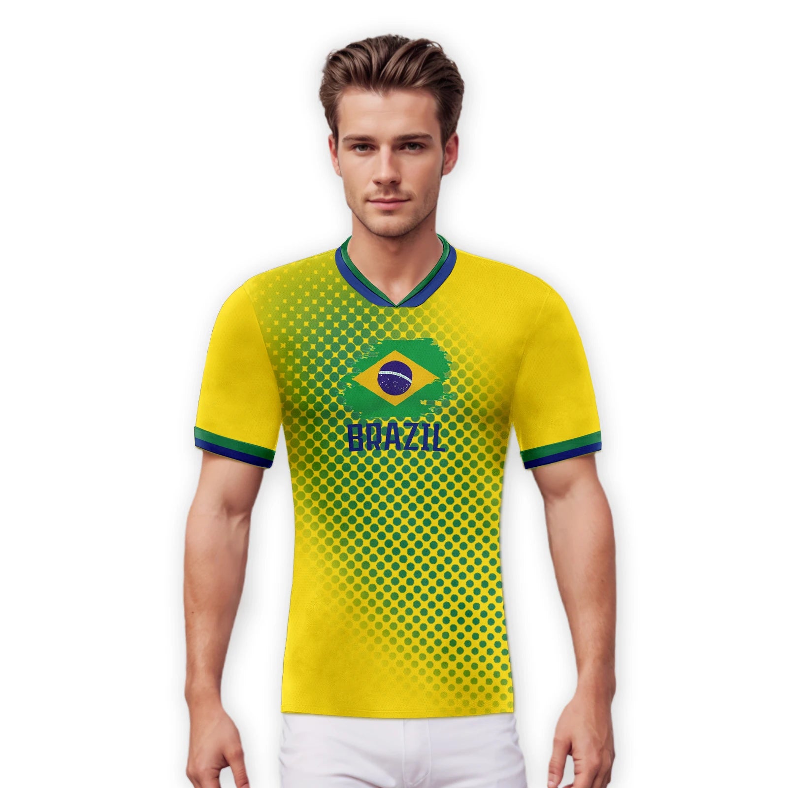 Personalized Brazil Soccer Jersey Custom Name Number Breathable V-Neck Football Team Shirt for Men Women Kids