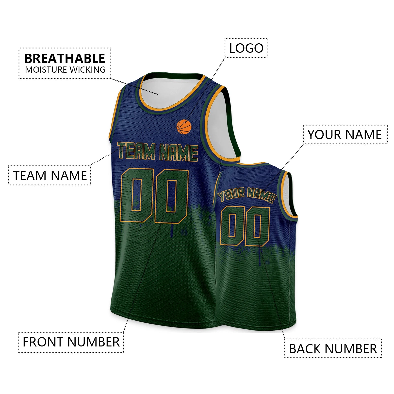 Custom Basketball Jersey Gold Navy Personalized Printed Your Own Name Number Logo Men/Women/Kids Quick Dry Sleeveless Shirts