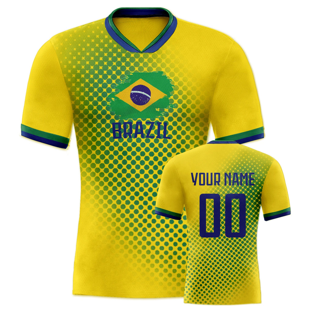 Personalized Brazil Soccer Jersey Custom Name Number Breathable V-Neck Football Team Shirt for Men Women Kids