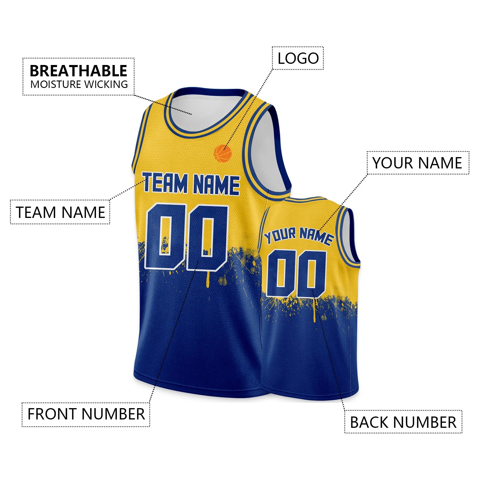 Custom Basketball Jersey Gold Navy Personalized Printed Your Own Name Number Logo Men/Women/Kids Quick Dry Sleeveless Shirts