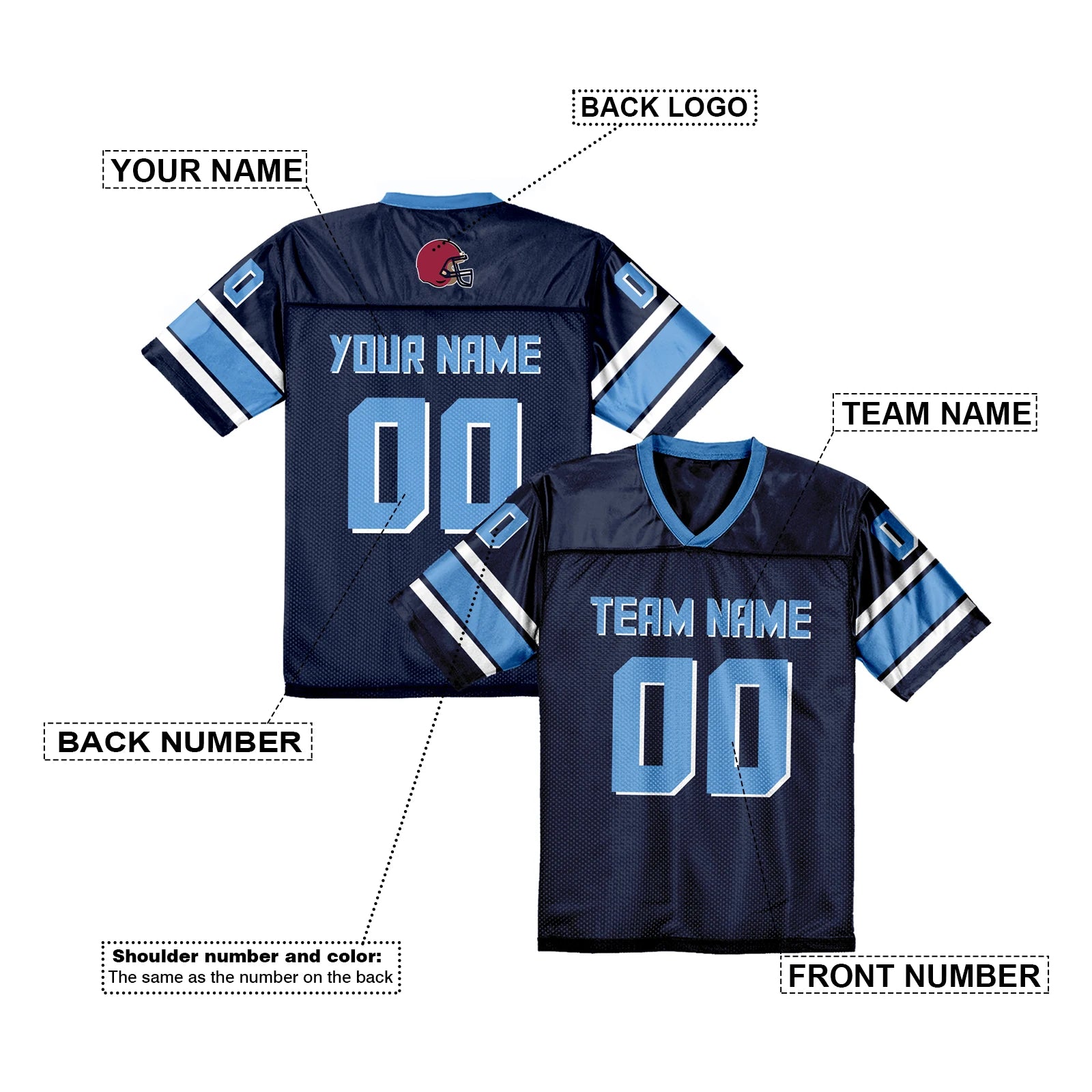 Custom American Football Jersey Personalized Printed Team Name Number Navy Blue Football Shirt for Men Women Youth Fans Gift