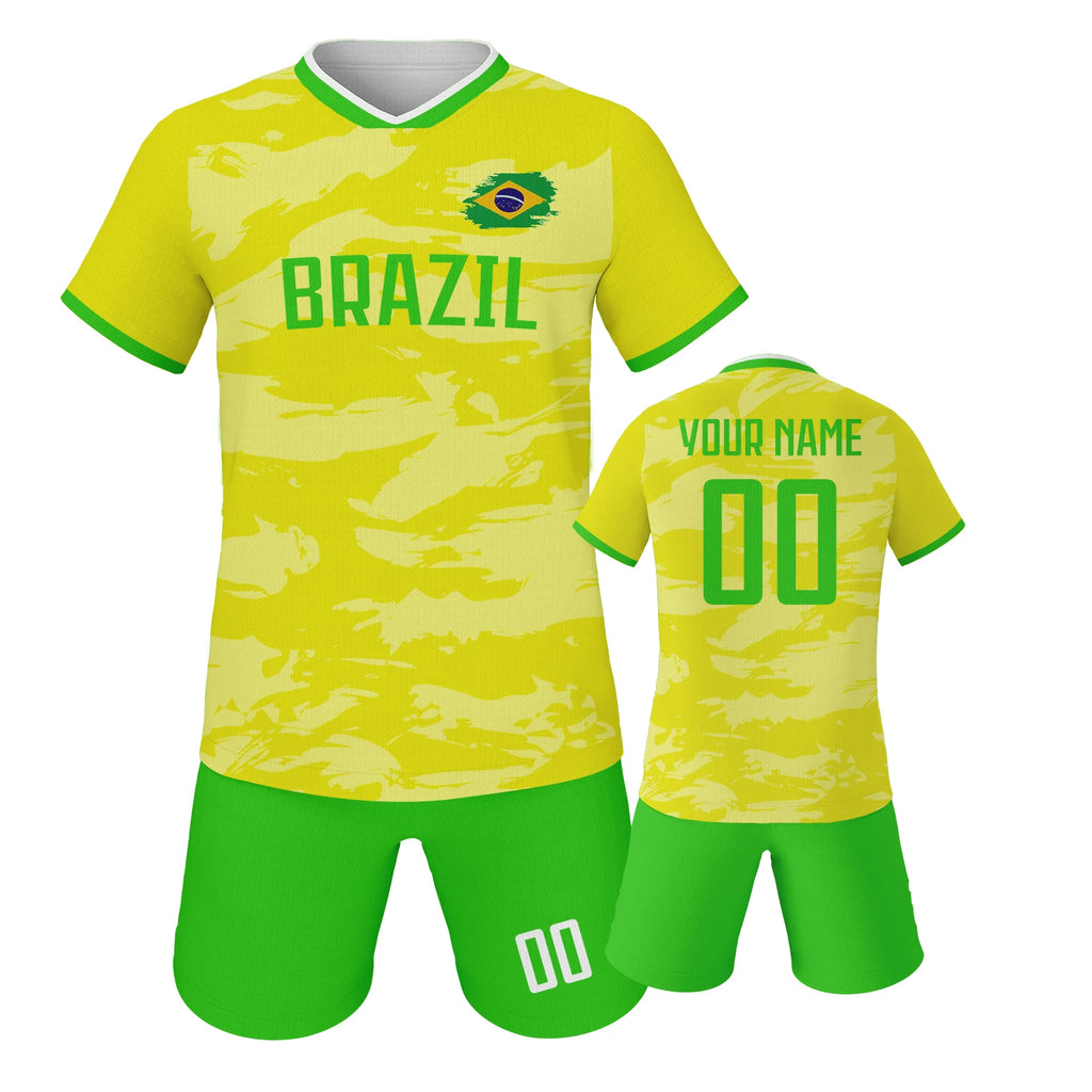 Custom Soccer Jersey Set Brazil Personalized Name Number Football Shirt for School Team Club Kids Youth Practice Soccer Uniform