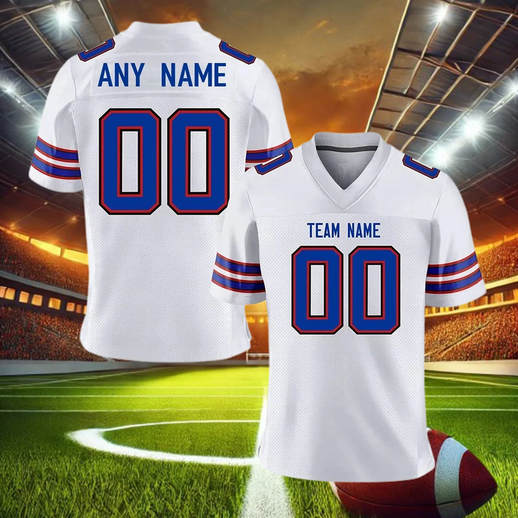 Custom American Football Jersey, Personalized Blue White Team Shirt with Printed Name and Number, Fan Gift for Men Women Youth
