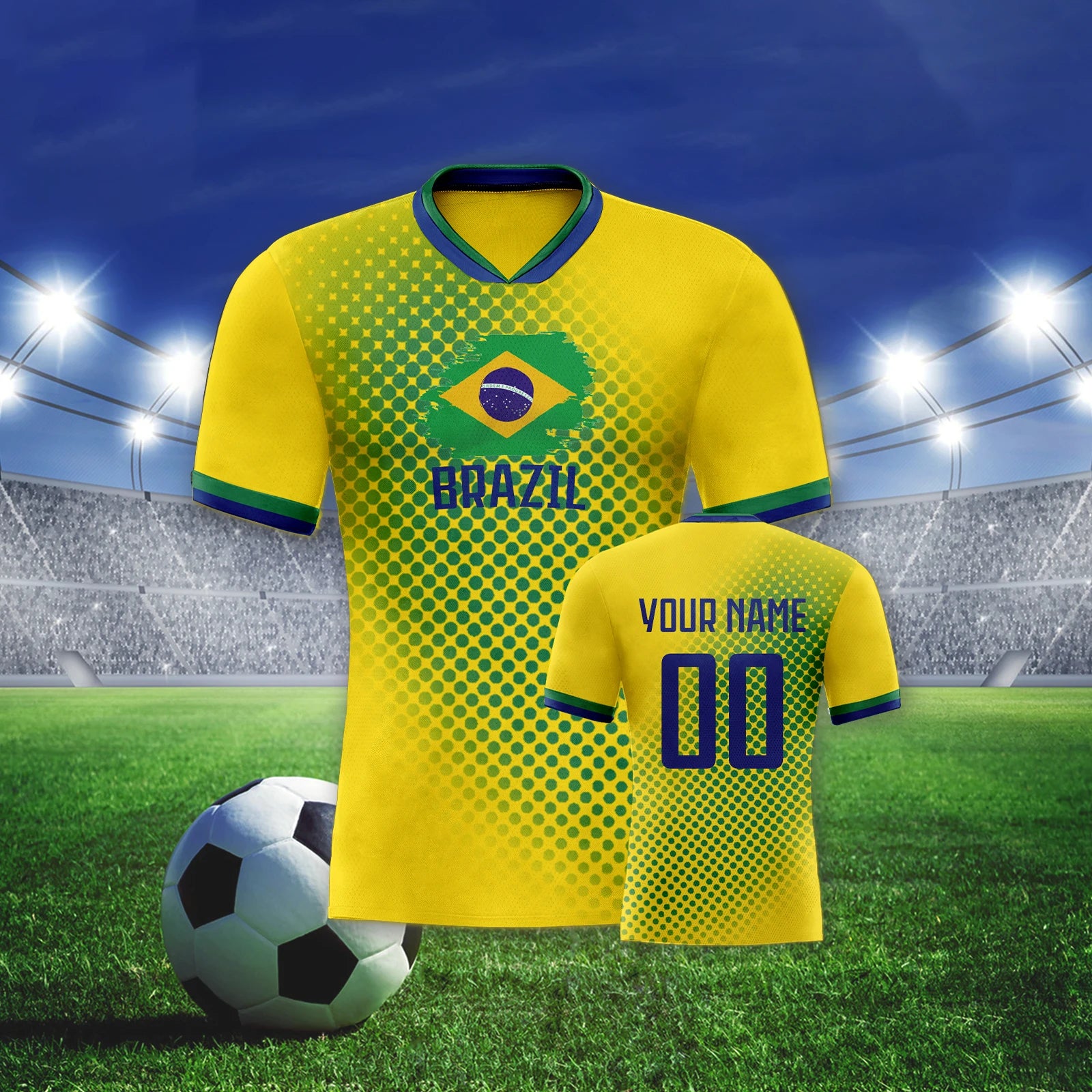Personalized Brazil Soccer Jersey Custom Name Number Breathable V-Neck Football Team Shirt for Men Women Kids