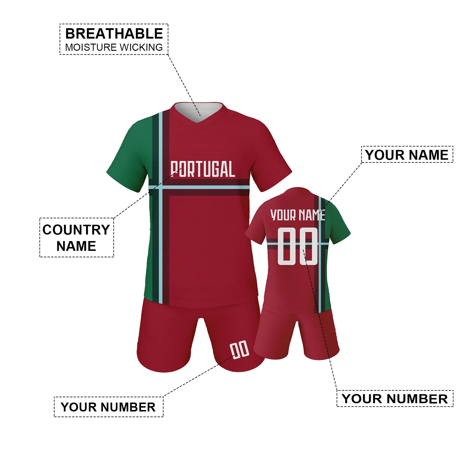 Kids Portugal Soccer Jersey Customizable Name Number Football Kit Team Club Uniforms Boys Girls Children Soccer Gifts 3-14Y