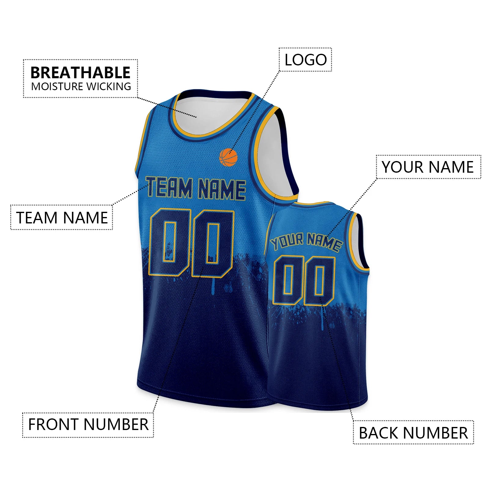 Custom Basketball Jersey Gold Navy Personalized Printed Your Own Name Number Logo Men/Women/Kids Quick Dry Sleeveless Shirts