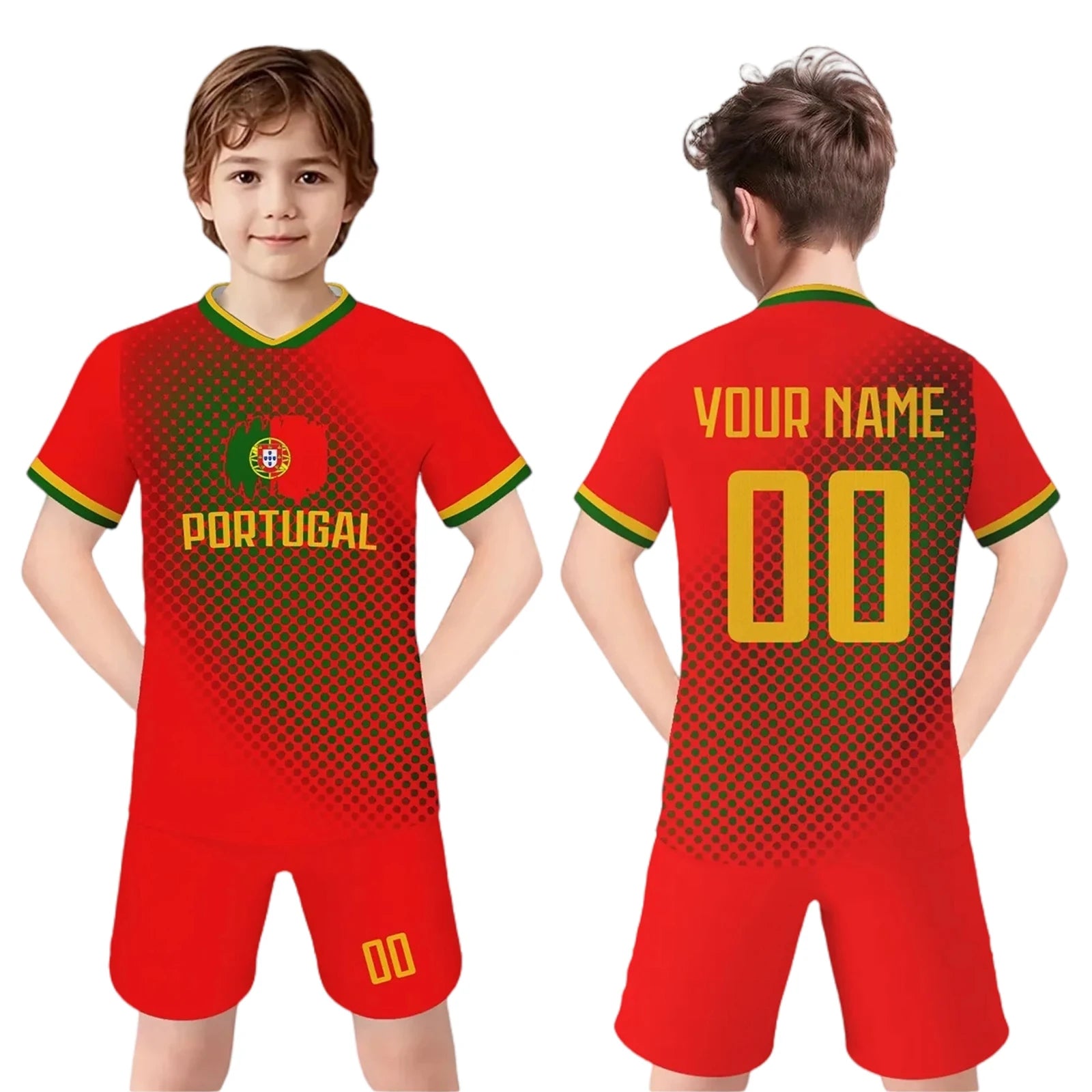 Kids Portugal Soccer Jersey Customizable Name Number Football Kit Team Club Uniforms Boys Girls Children Soccer Gifts 3-14Y