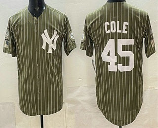 New York Yankees #45 Gerrit Cole Olive MWATKINS Pinstripe 2026 Armed Forces Day Salute To Service Jersey