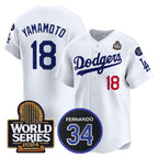 Los Angeles Dodgers #18 Yoshinobu Yamamoto White MWATKINS 2024 World Series With Fernando Memorial Patch Limited Stitched Jersey