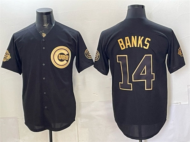 Chicago Cubs #14 Ernie Banks Black Gold MWATKINS 150th Anniversary Patch Stitched Jersey