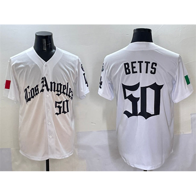 Los Angeles Dodgers #50 Mookie Betts White MWATKINS Mexico 2025 LA Gothic Style With Fernando Patch Vapor Premier Limited Stitched Jersey