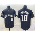 Los Angeles Dodgers #18 Yoshinobu Yamamoto Black MWATKINS LA Gothic Style With 2025 World Series Champions Patch Limited Stitched Jersey