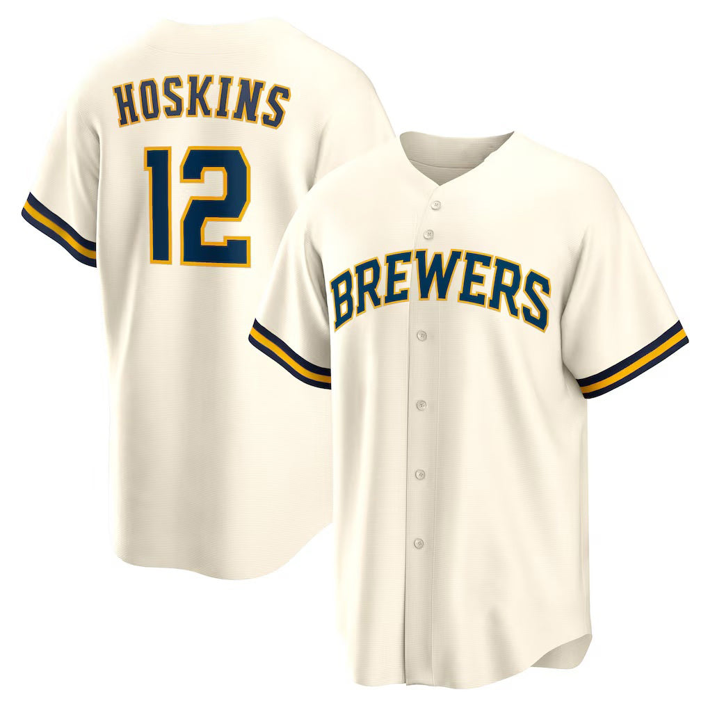 Milwaukee Brewers #12 Rhys Hoskins Cream MWATKINS Home Replica Player Jersey