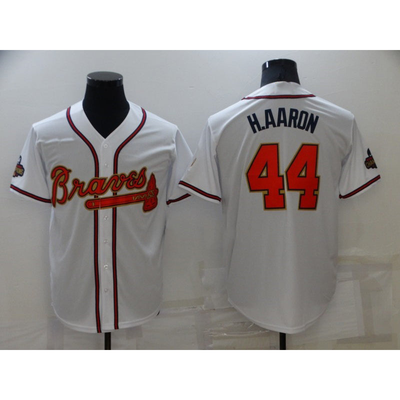 Atlanta Braves #44 Hank Aaron 2022 White Gold MWATKINS World Series Champions Program Cool Base Stitched Jersey