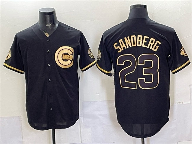 Chicago Cubs #23 Ryne Sandberg Black Gold MWATKINS 150th Anniversary Patch Stitched Jersey