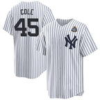 New York Yankees #45 Gerrit Cole White MWATKINS 2024 World Series With Name Cool Base Stitched Jersey