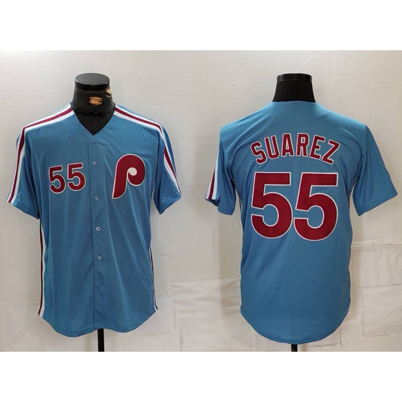 Philadelphia Phillies #55 Ranger Suarez Number Light Blue MWATKINS Cooperstown Cool Base Jersey