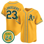 Oakland Athletics #23 Shea Langeliers Yellow MWATKINS 2024 Limited With Rickey Henderson Patch Stitched Jersey
