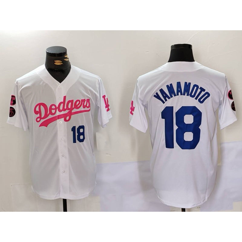 Los Angeles Dodgers #18 Yoshinobu Yamamoto White Pink MWATKINS Vin & Kobe Patch Stitched Jersey 2