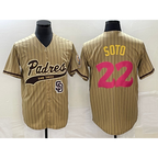 San Diego Padres #22 Juan Soto Tan MWATKINS Pinstripe 2023 City Connect Cool Base Stitched Jersey 2