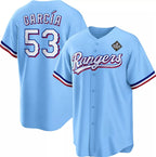 Texas Rangers #53 Adolis Garc¨ªa Blue MWATKINS 2023 World Series Cool Base Stitched Jersey