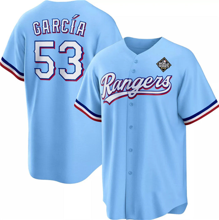 Texas Rangers #53 Adolis Garc¨ªa Blue MWATKINS 2023 World Series Cool Base Stitched Jersey