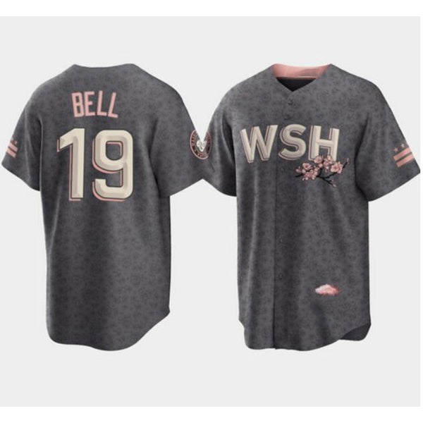 Washington Nationals #19 Josh Bell 2022 Grey MWATKINS City Connect Cherry Blossom Cool Base Stitched Jersey