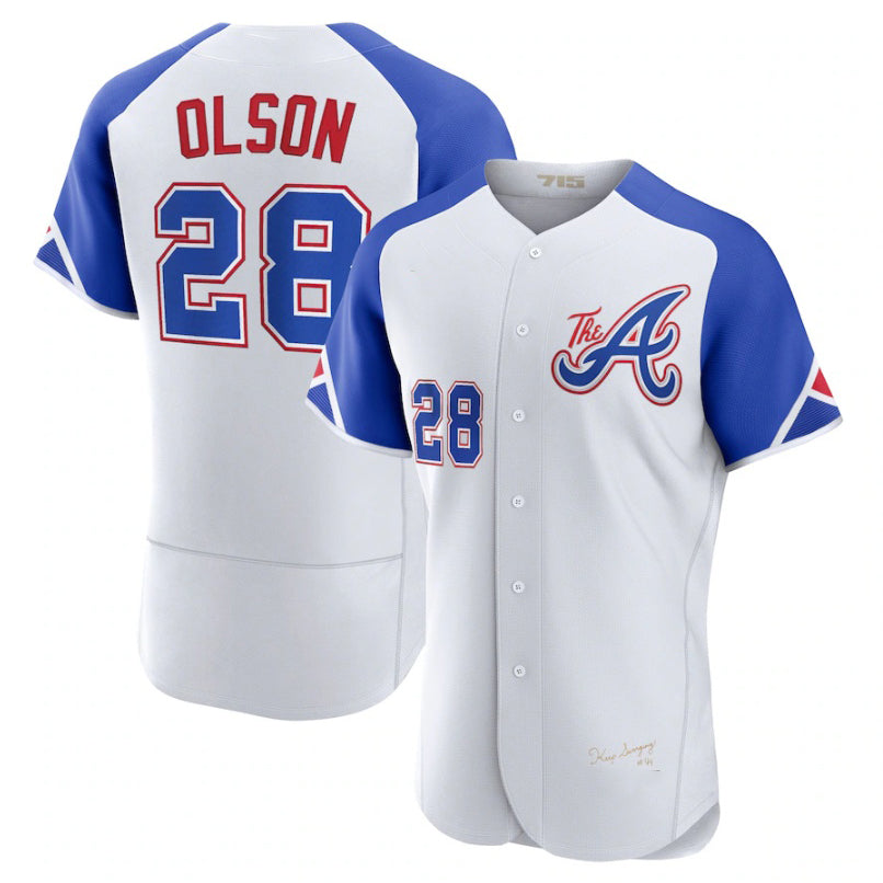 Atlanta Braves #28 Matt Olson ACTIVE PLAYER Custom White MWATKINS 2023 City Connect Flex Base Stitched Jersey