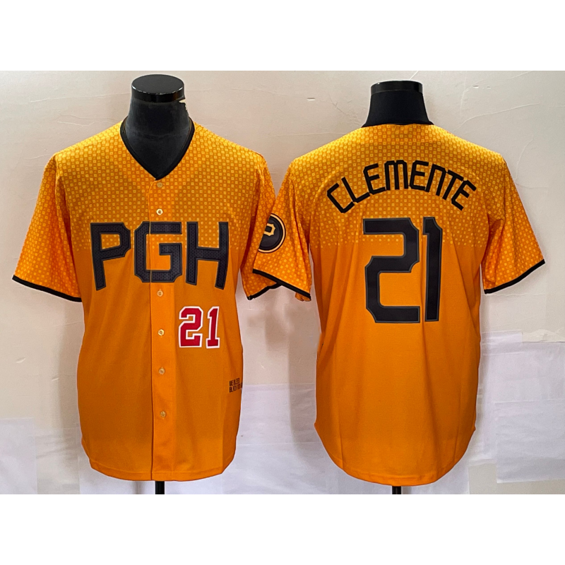 Pittsburgh Pirates #21 Roberto Clemente Number Gold MWATKINS 2023 City Connect Stitched Jersey 3