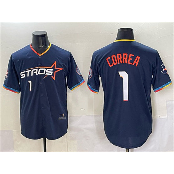 Houston Astros #1 Carlos Correa Navy MWATKINS 2025 City Connect With Texas Patch Limited Stitched Jersey
