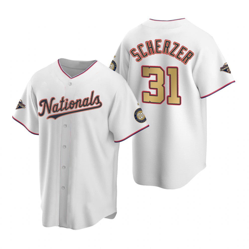Washington Nationals #31 Max Scherzer White Gold MWATKINS 2019 World Series Champions Stitched Cool Base Jersey