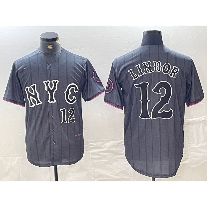 New York Mets #12 Francisco Lindor Number Grey MWATKINS 2024 City Connect Cool Base Stitched Jersey 2