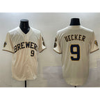 Milwaukee Brewers #9 Bob Uecker Cream MWATKINS With Home Patch Limited Stitched Baseball Jersey