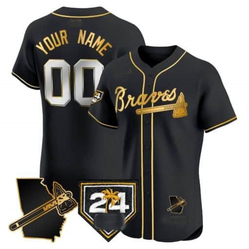 Custom Atlanta Braves 2024 Spring Training & Georgia Patch Vapor Premier Elite Jersey ¨C Black Gold MWATKINS
