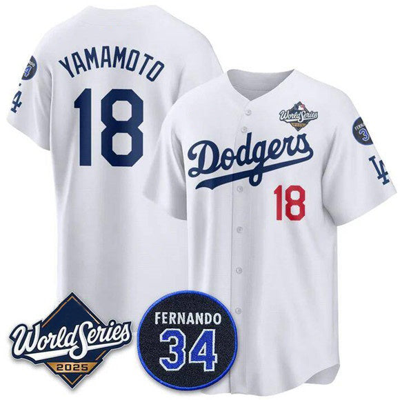 Los Angeles Dodgers #18 Yoshinobu Yamamoto White MWATKINS 2025 World Series With No. 34 Patch Limited Stitched Jersey