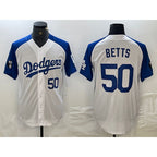 Los Angeles Dodgers #50 Mookie Betts Number White Blue MWATKINS Fashion Stitched Cool Base Limited Jersey 2