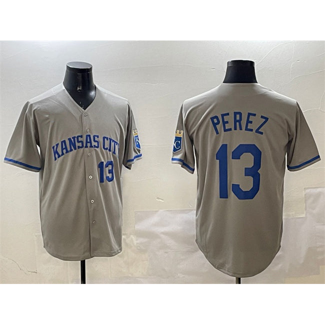 Kansas City Royals #13 Salvador Perez Gray MWATKINS 2024 Away Limited Stitched Jersey
