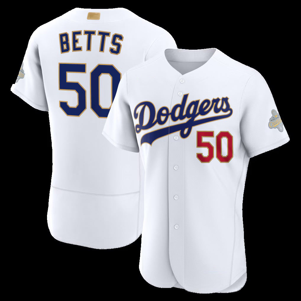 Los Angeles Dodgers #50 Mookie Betts White MWATKINS 2026 Gold Collection Authentic Jersey