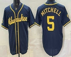 Milwaukee Brewers #5 Garrett Mitchell Navy Blue MWATKINS Stitched Cool Base Jersey
