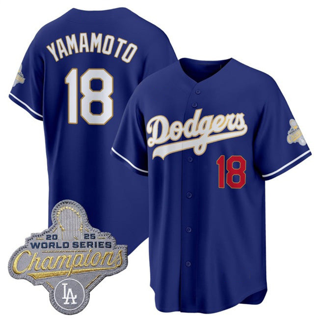 Los Angeles Dodgers #18 Yoshinobu Yamamoto Royal MWATKINS 2026 Alternate Gold Collection Stadium Stitched Jersey