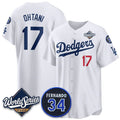 Los Angeles Dodgers #17 Shohei Ohtani White MWATKINS 2025 World Series With No. 34 Patch Limited Stitched Jersey